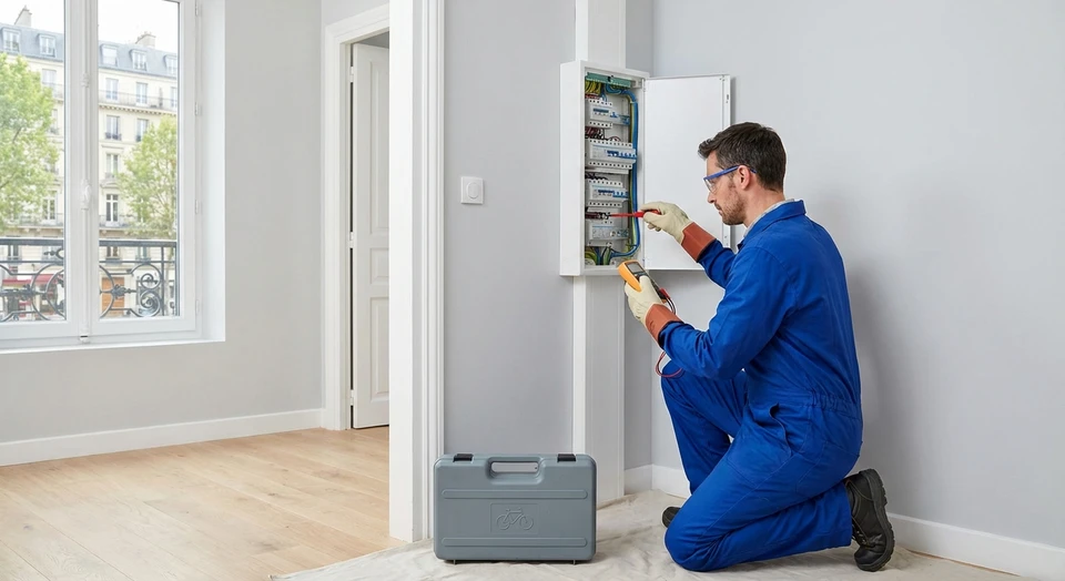 Électricien professionnel effectuant une intervention d'installation ou de vérification électrique à l'intérieur d'un logement. L'électricien porte des équipements de sécurité (gants isolants, posture sécurisée), et travaille sur un tableau électrique, des câbles ou des prises murales. L'environnement doit être clairement résidentiel (mur, peinture, cadre de porte visible). L'image doit transmettre la confiance, la compétence technique et la sécurité.