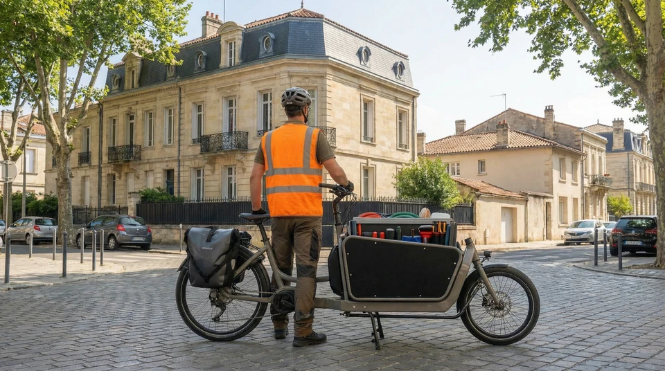 Homme d'affaires en pull rouge pédalant sur vélo urbain dans rue piétonne animée