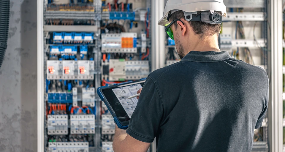 Photographie professionnelle d'un électricien en tenue de travail (combinaison ou chemise professionnelle) effectuant un diagnostic ou une intervention sur un tableau électrique à l'intérieur d'un logement. L'électricien porte des équipements de sécurité (gants) et examine ou répare les disjoncteurs et fils électriques. La scène se déroule dans un intérieur résidentiel authentique, mettant en avant l'expertise professionnelle et la sécurité des installations électriques.